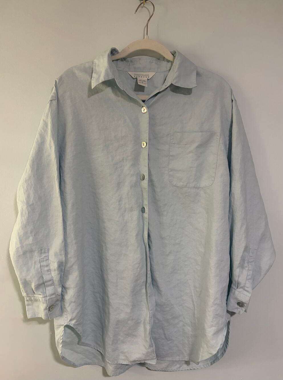 Express Compagnie Internationale 100% Linen Half Button Shirt Blue M Oversized